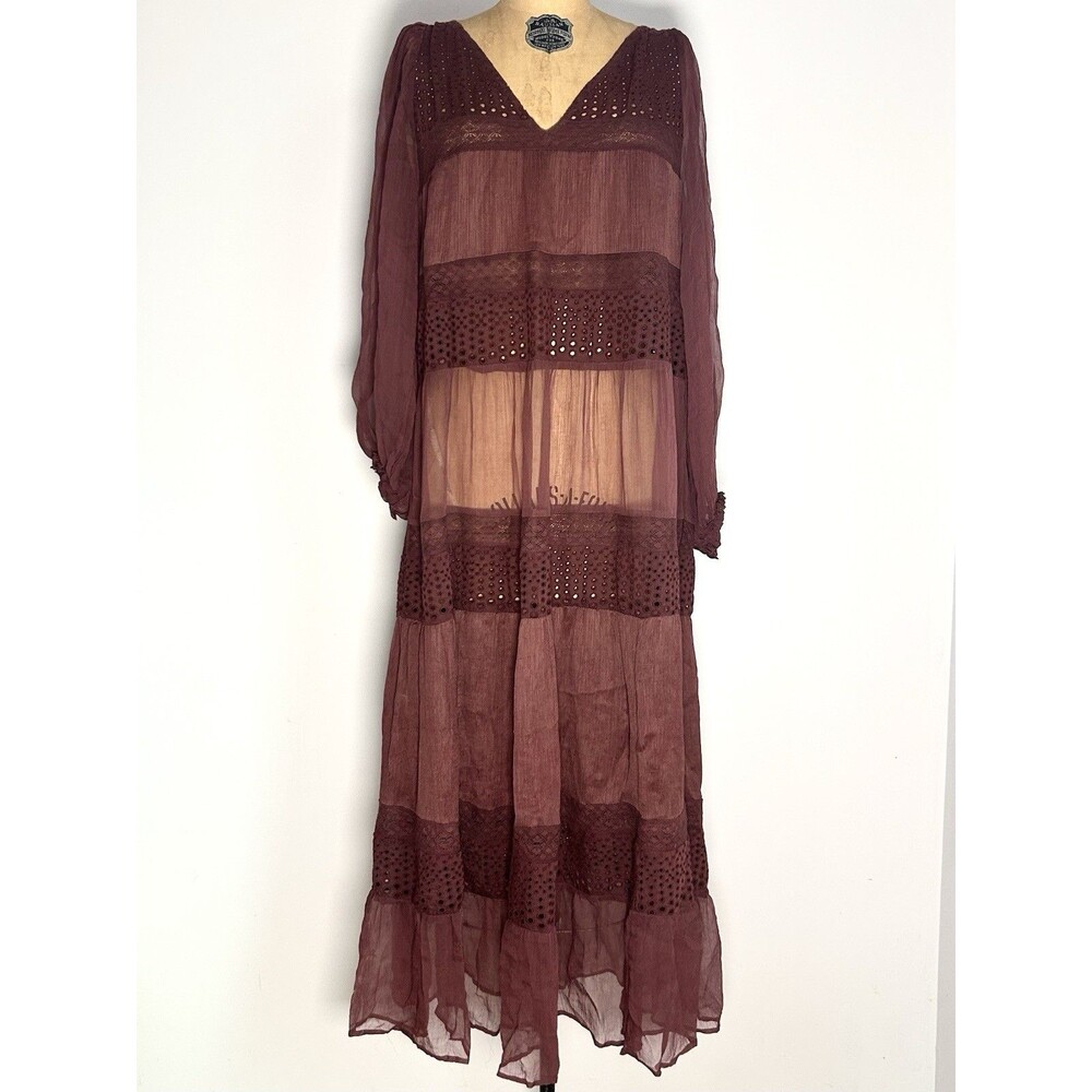 Sundance Boho Sheer Maxi Dress L Burgundy Eyelet Lace Long Sleeve Flowy